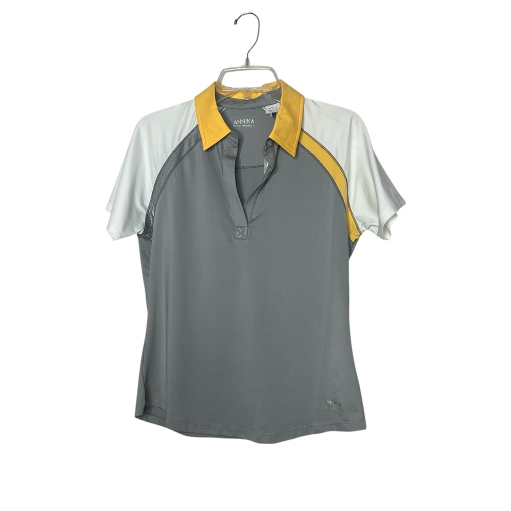ANNIKA Gray and White Fitted Polo Golf Dri Tech Shirt Medium (8-18)